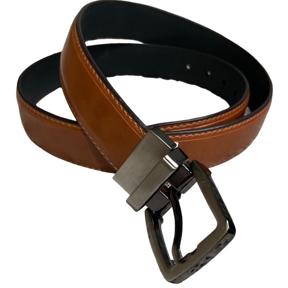 Mens‎ Cognac Brown Leather Belt Gunmetal Buckle Stitched Dress Belt